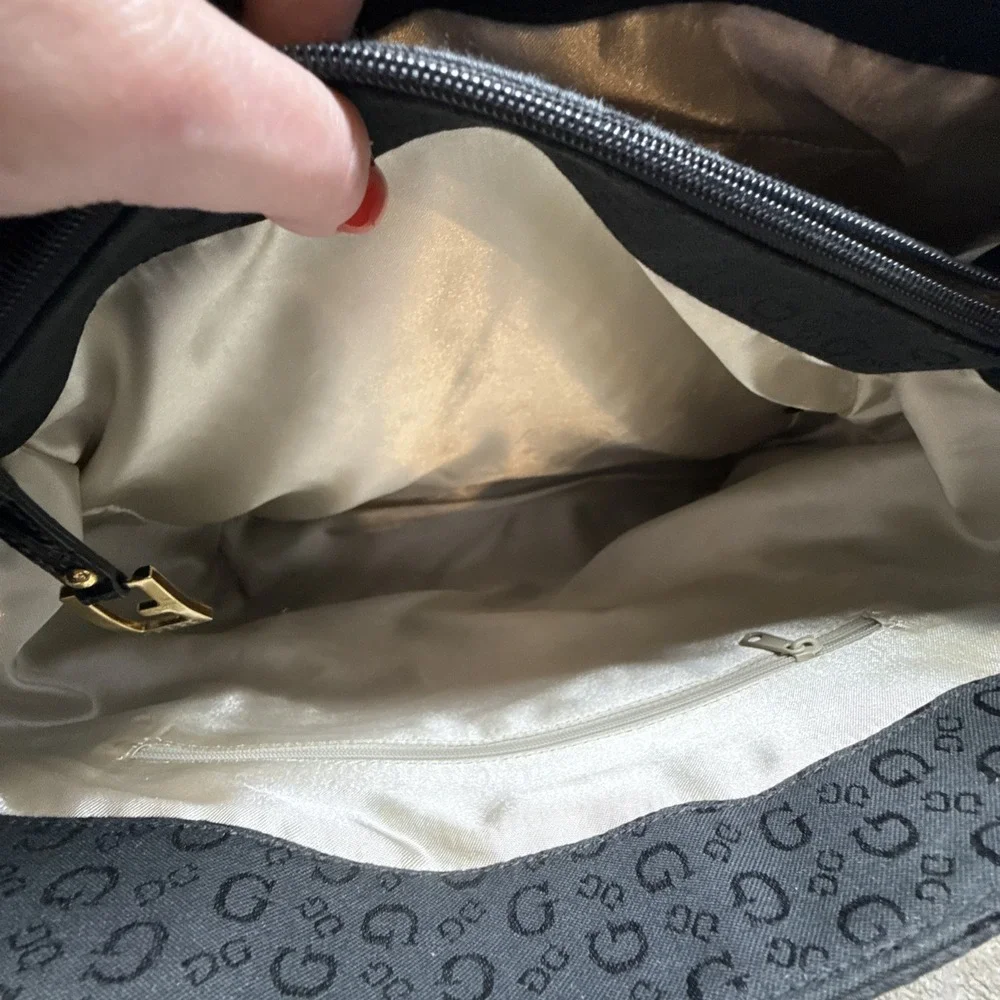 Guess Black Monogrammed Shoulder Bag Buckle‎ Detail Faux Croc Trim Satchel Y2K